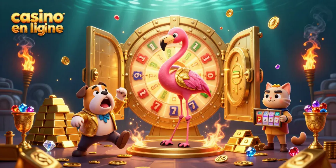 Illustration dynamique au casino en ligne avec une roue de prix géante et des personnages animés.