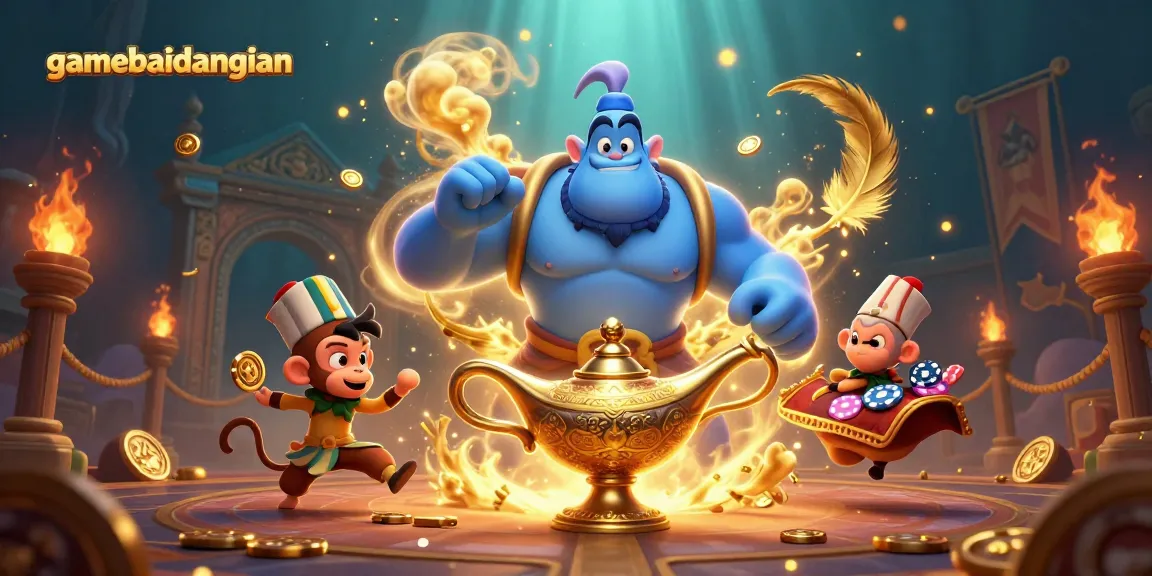 Join the excitement of gamebaidangian with a colorful 3D illustration of a genie, monkey, and magic carpet action.