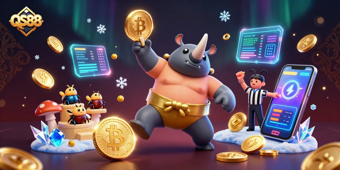 QS88 showcases a vibrant scene of a rhinoceros beetle sumo champion amidst flying coins and crypto elements, captivating for gamers.