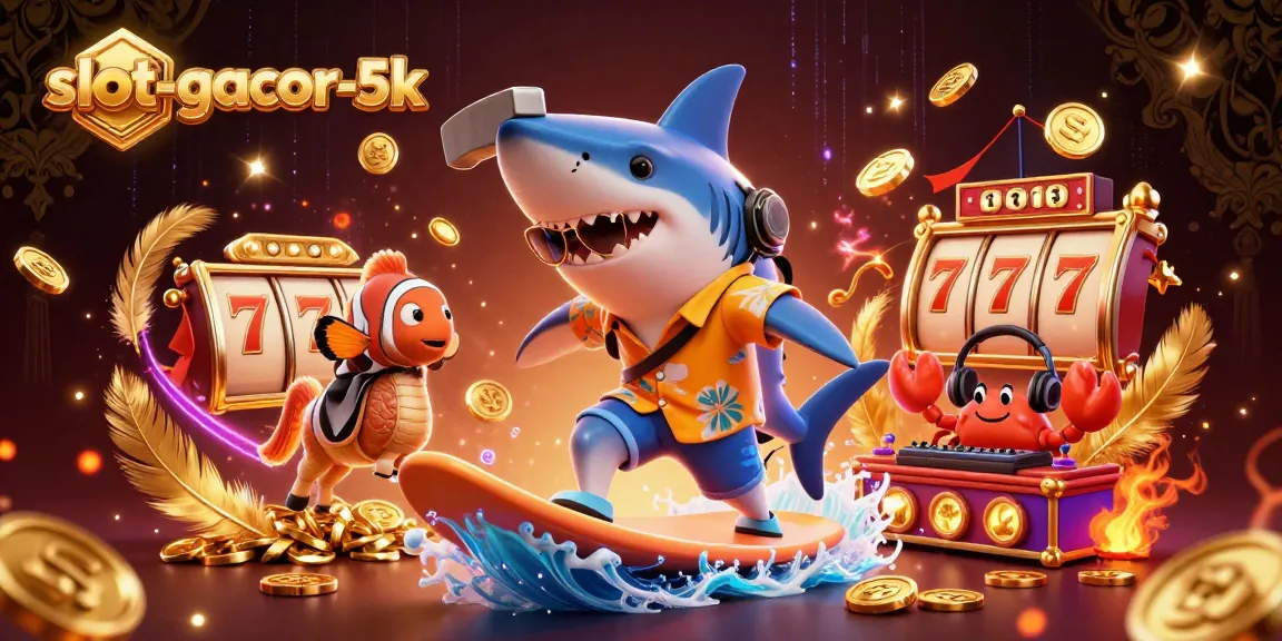 Experience the thrill of slot-gacor-5k with vibrant characters surfing through gold coins in a casino-themed 3D illustration.