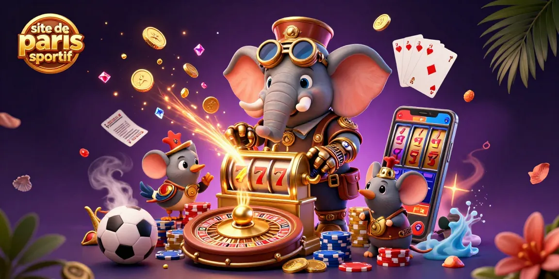 Visualisez le site de paris sportif avec une illustration 3D d'un éléphant steampunk à la machine à sous