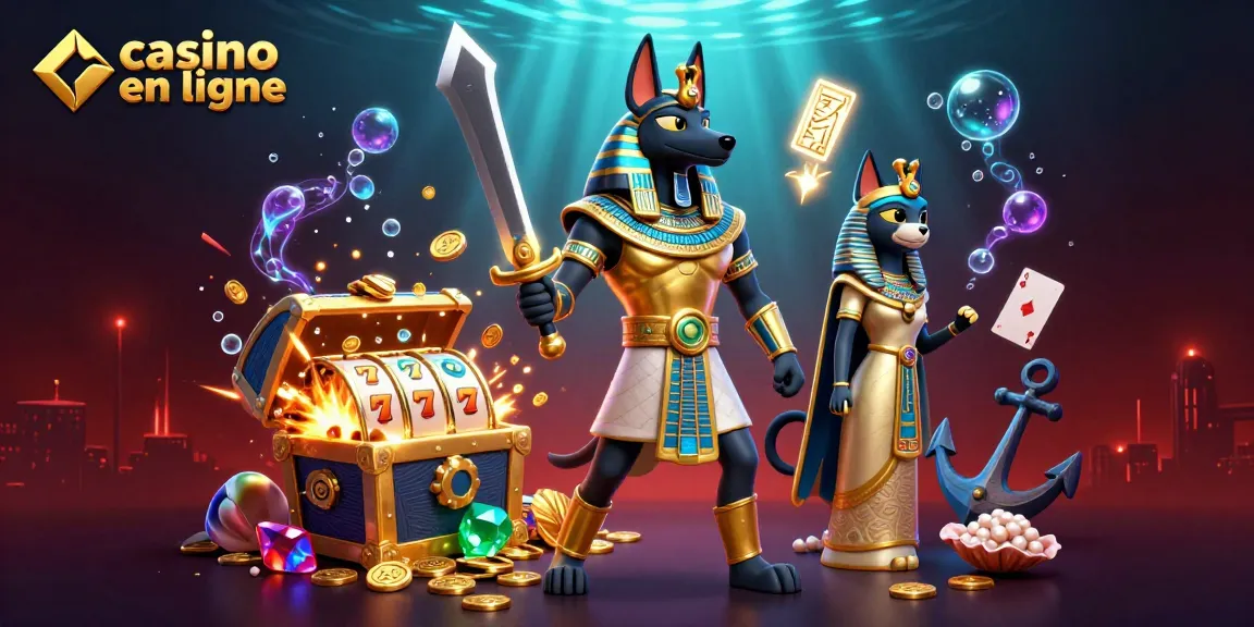 Jouez à un casino en ligne avec Anubis et Bastet, armes et trésors flottants.