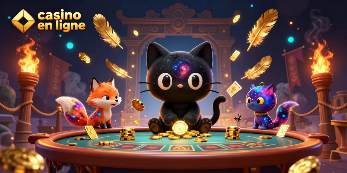 Un chat trou noir et une renarde nébuleuse à la table d'un casino en ligne, attirant des jetons
