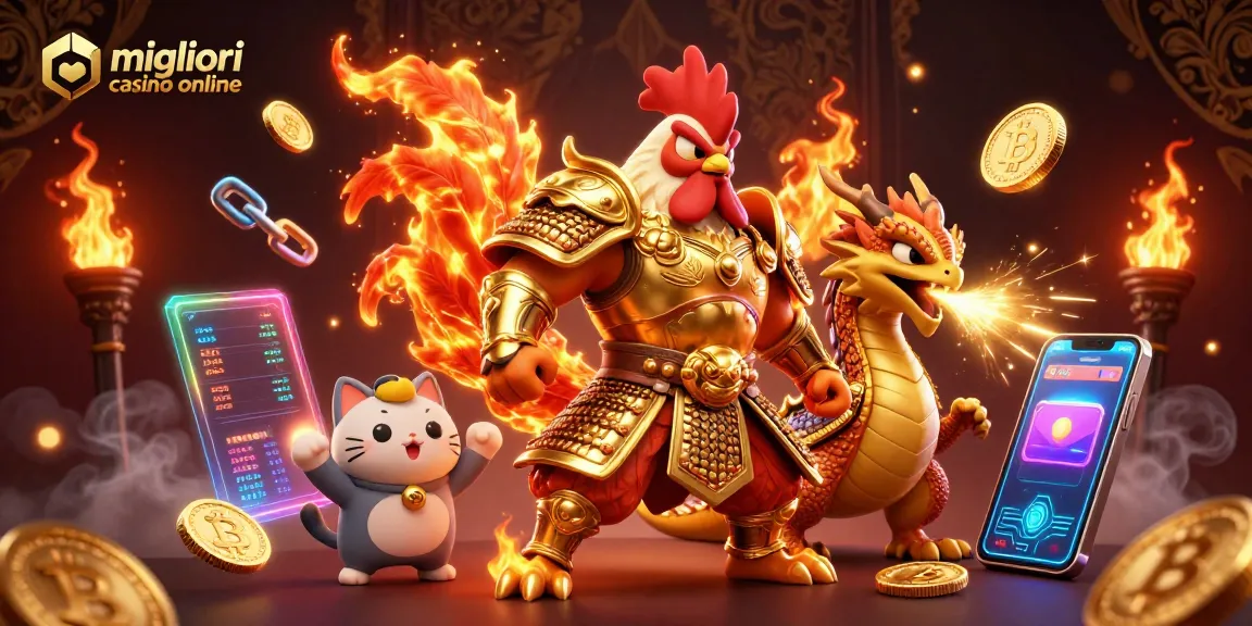 Immagine dei migliori casino online con un guerriero gallo e un drago, simboli di criptovalute e casinò.