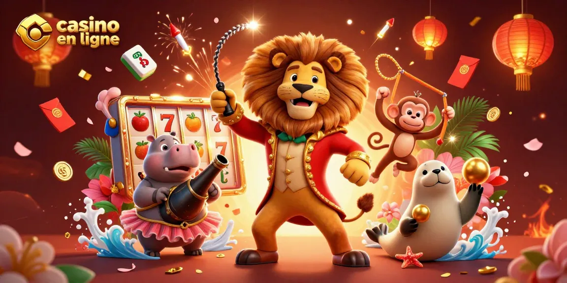 Profitez d'une scène festive de casino en ligne avec un lion et des éléments de jeux.
