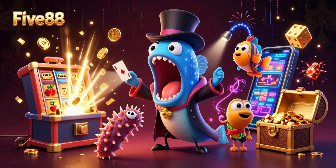 Engage with Five88's vibrant casino scene showcasing thrilling card magic and slot excitement.