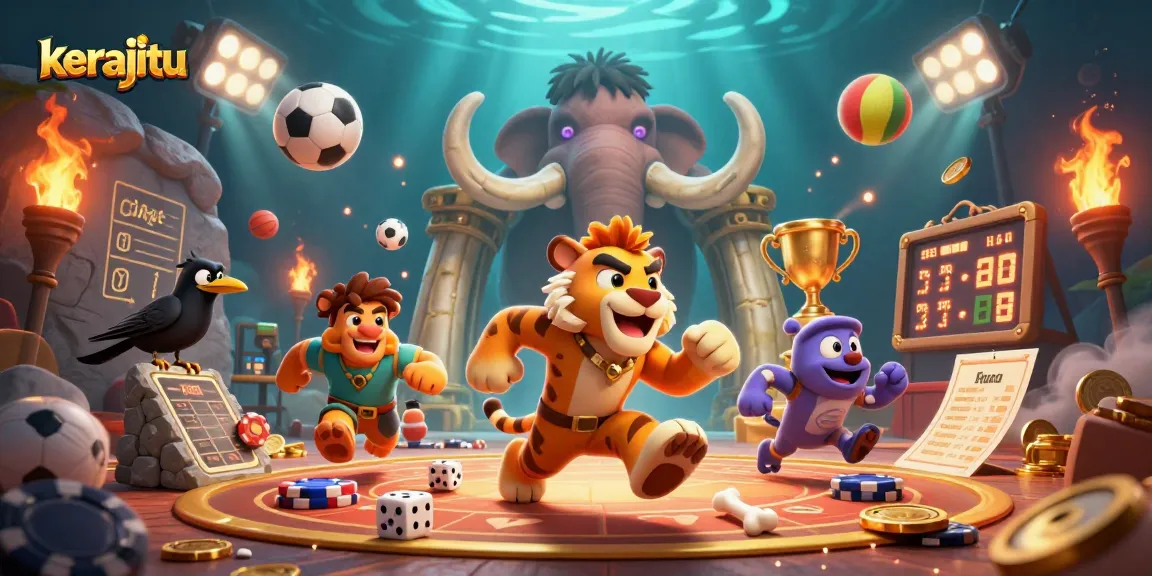 Experience kerajitu's unique betting atmosphere in a vivid 3D prehistoric casino scene.