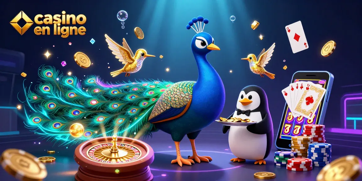 Jouer au casino en ligne avec un paon art déco entouré de jetons d'or et de cartes.