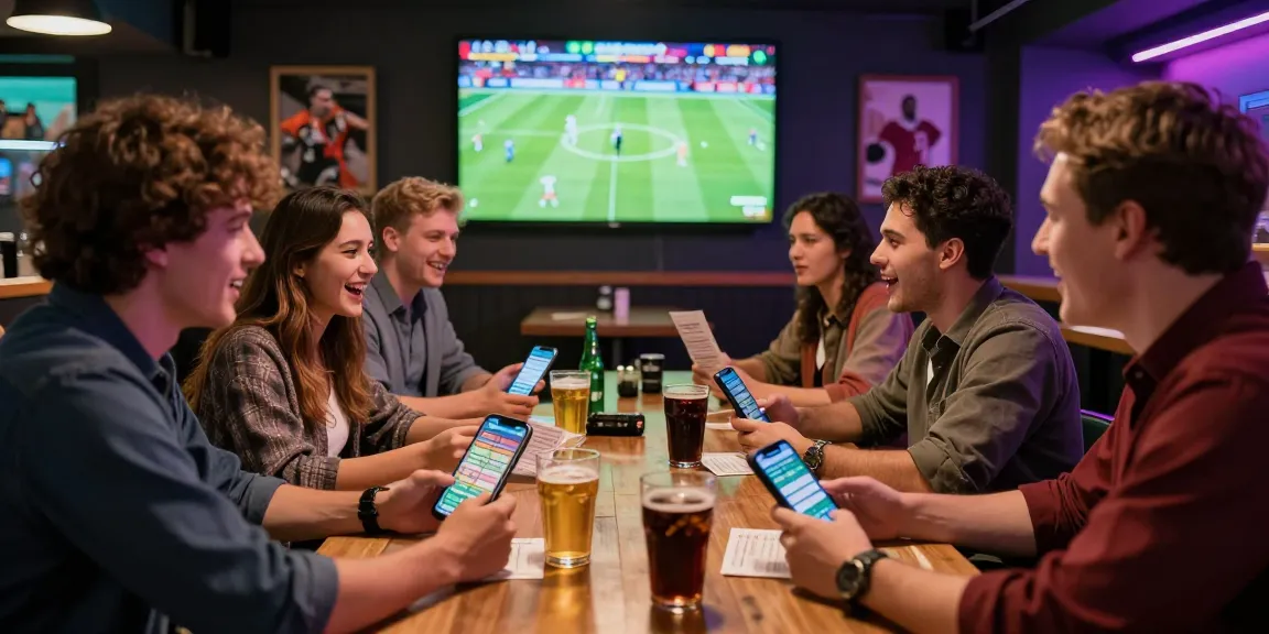 Situs Taruhan Bola Terpercaya - Friends actively cheering and betting on a football match in a vibrant lounge setting