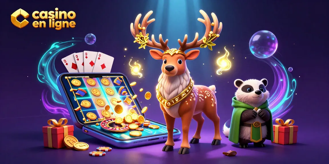 Explorez les jeux de casino en ligne avec un cerf druide et un blaireau, entourés de gains en lumières.