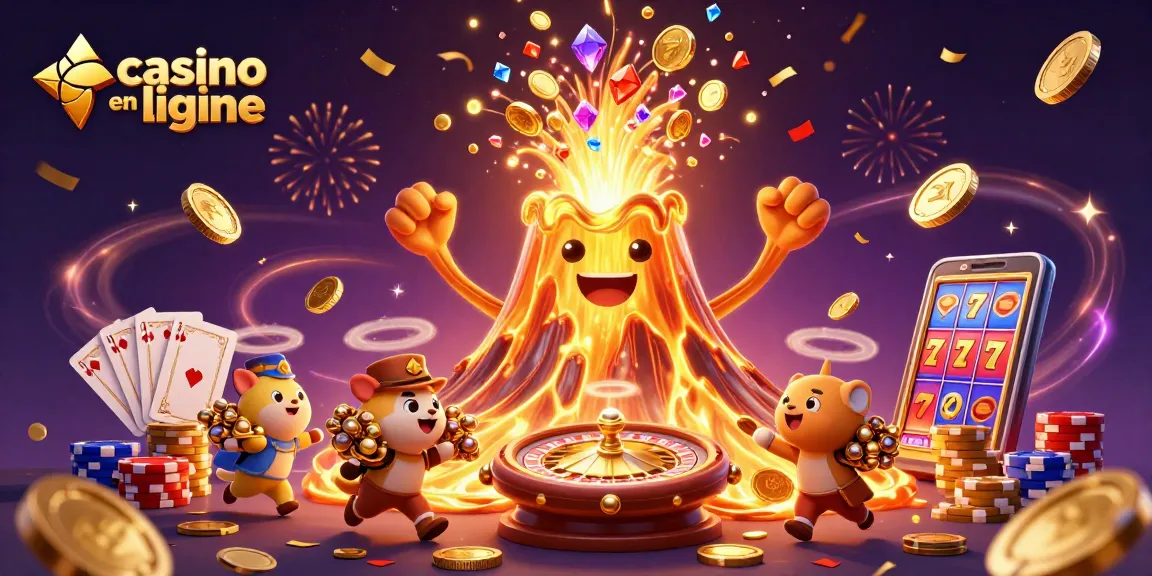 Vivez l'excitation du casino en ligne avec cette illustration vivante de l'éruption d'un volcan doré.