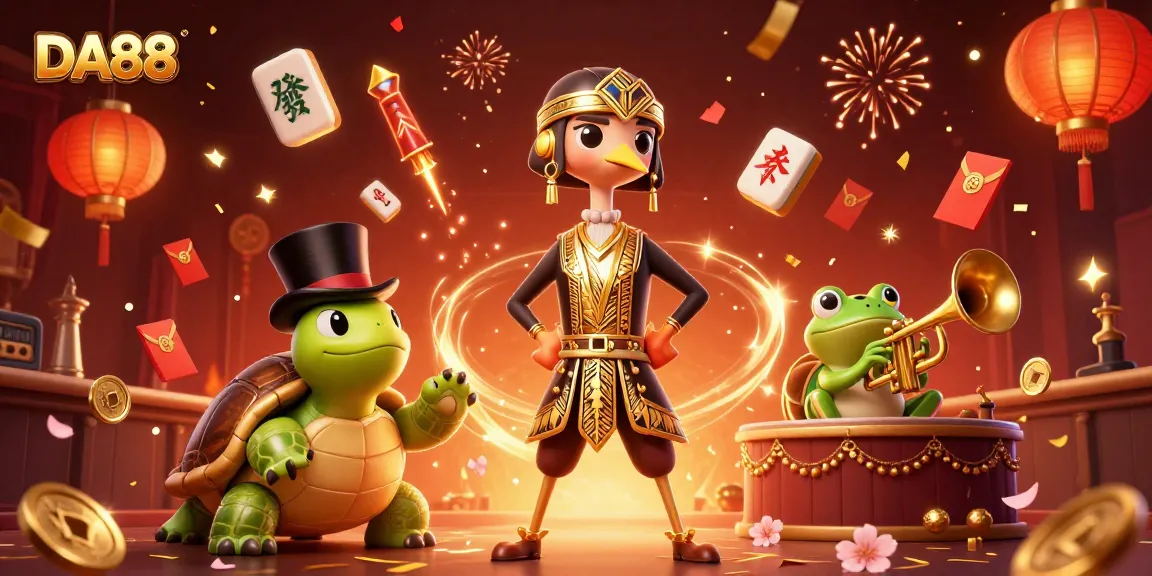 Engage with DA88's thrilling casino atmosphere, featuring playful characters and vibrant elements.
