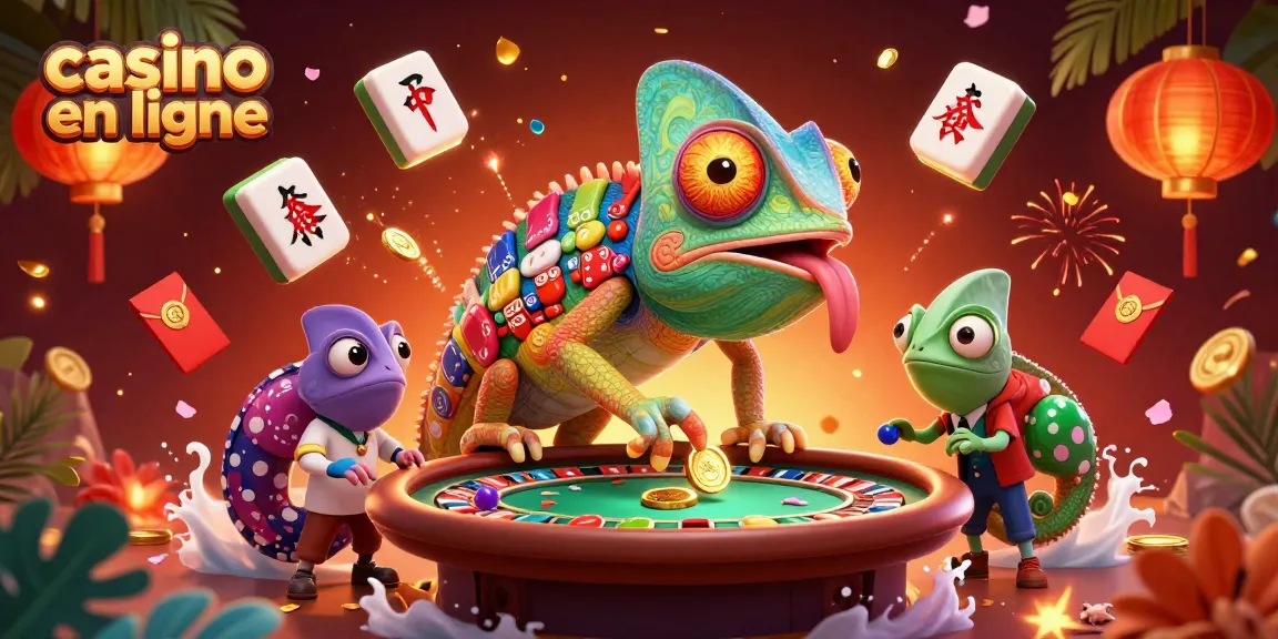 Un caméléon aux couleurs de poker surveillant une salle de casino en ligne dynamique.