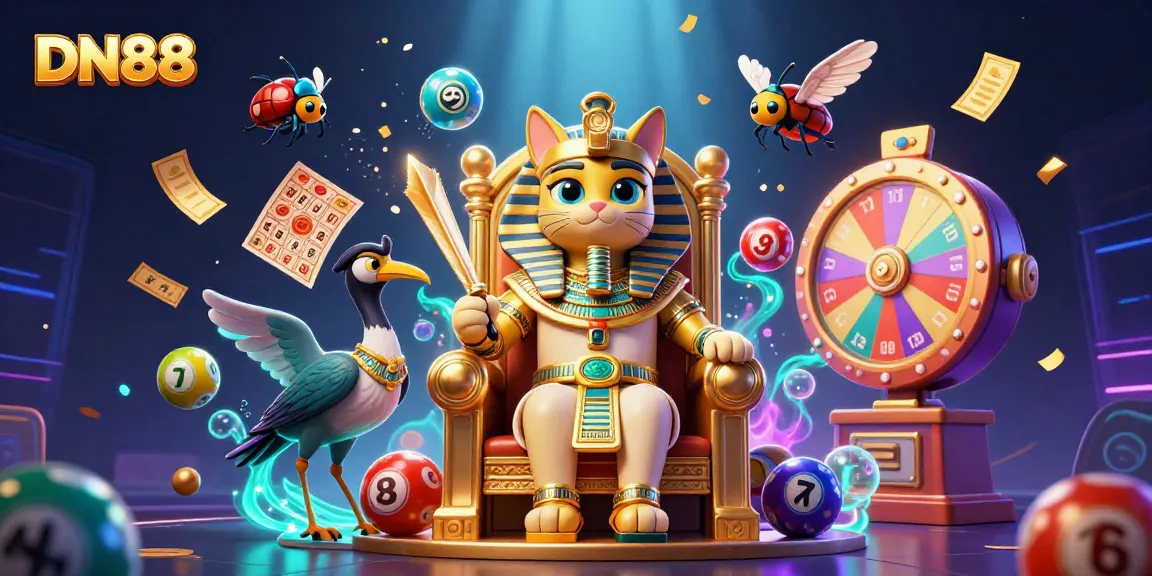 Experience thrilling gaming with DN88 as a pharaoh cat and companion delight in a vivid, animated casino scene.