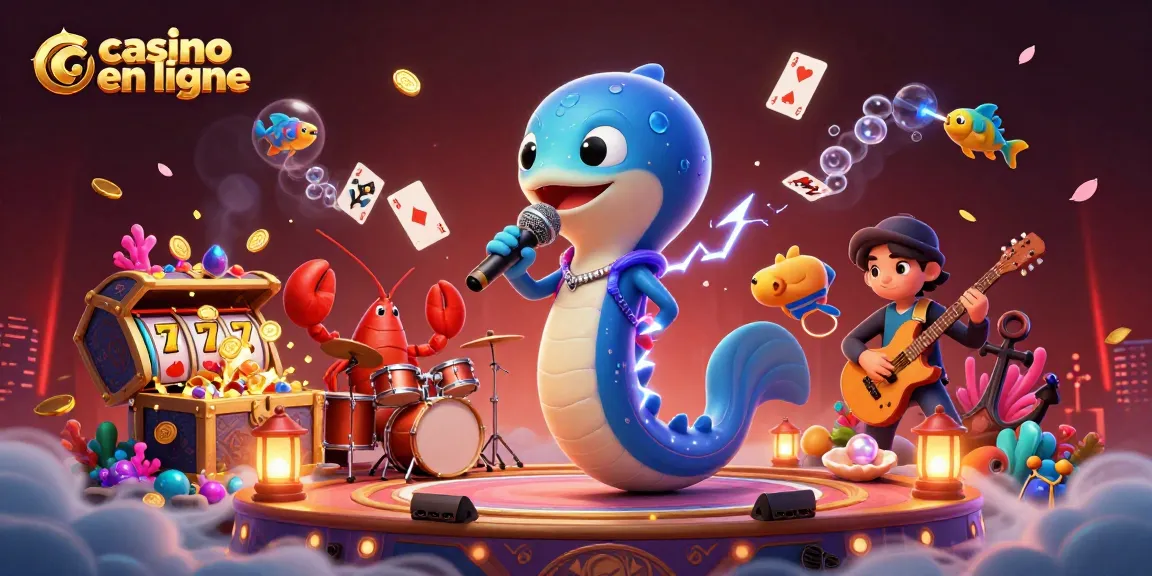 Animation ludique sous-marine de casino en ligne avec une anguille DJ et ses musiciens.