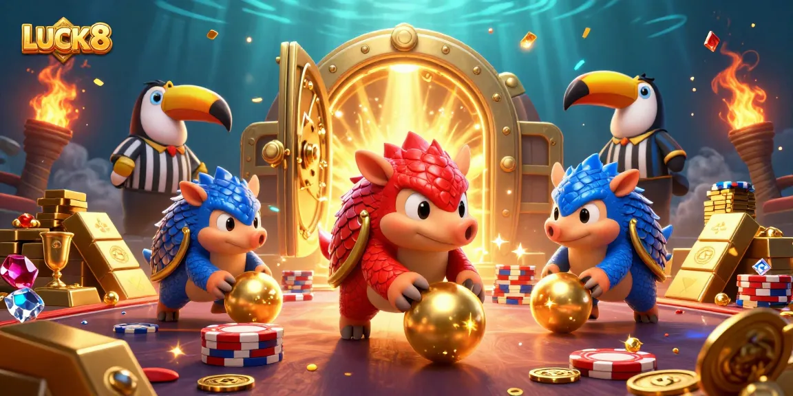 Experience thrilling gaming action with LUCK8 featuring dynamic pangolins rolling in gold and poker chips.