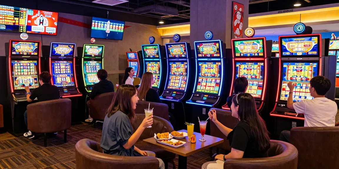 Exciting Jepang slot gaming lounge with friends celebrating a win, vibrant atmosphere and colorful machines.