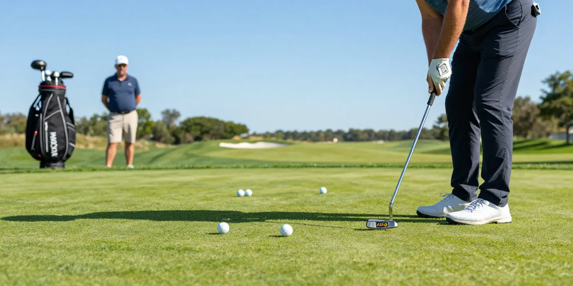Ulasan putter terbaru di https://puttperfection.com/putter-reviews di lapangan golf dengan pemain fokus pada teknik putting.