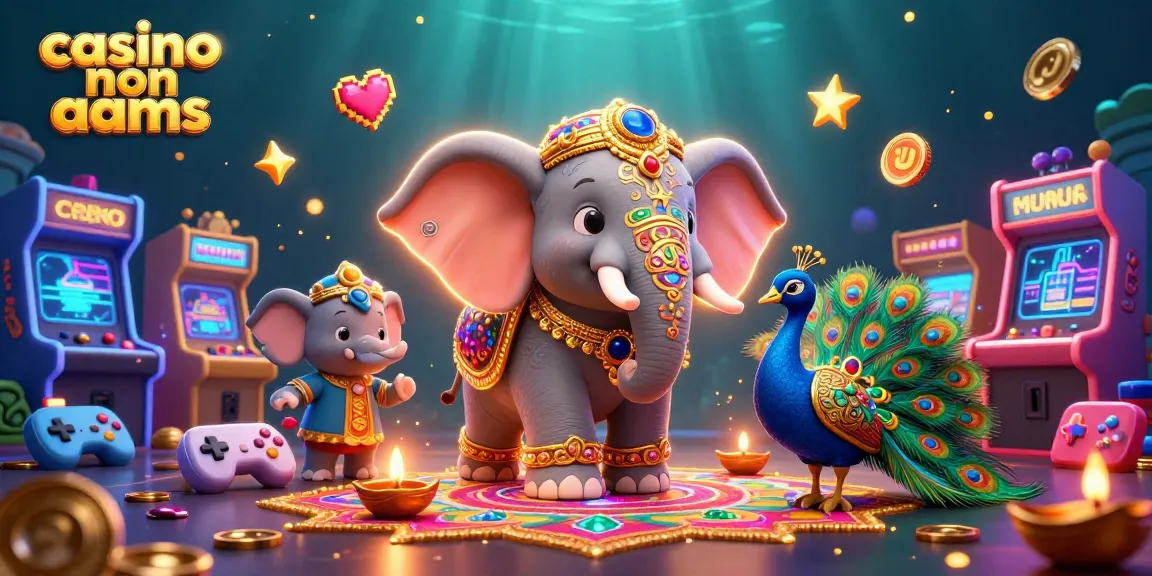 Immagine vibrante di un casinò non AAMS con elefante e pavone, simboli delle slot e giochi arcade