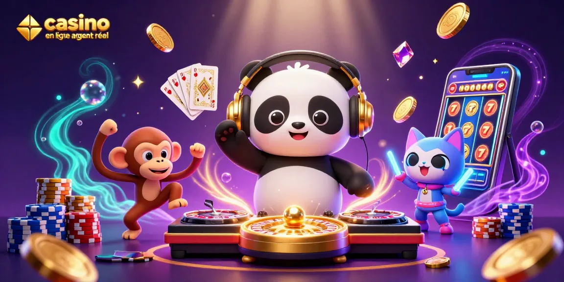 Gagnez avec le casino en ligne argent réel grâce à une illustration d'un panda DJ, un singe et un chat dans un univers ludique.