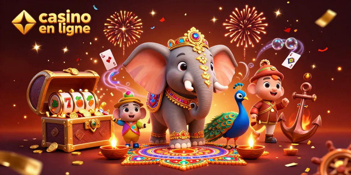 Une scène captivante d'un éléphant aux décorations dorées représentant un casino en ligne, entouré de trésors, de cartes et de confettis.