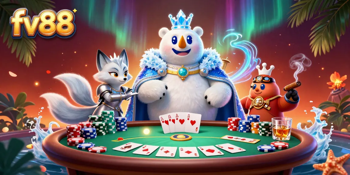 Join the excitement at fv88 with this vibrant poker scene featuring dynamic characters and immersing gaming elements.
