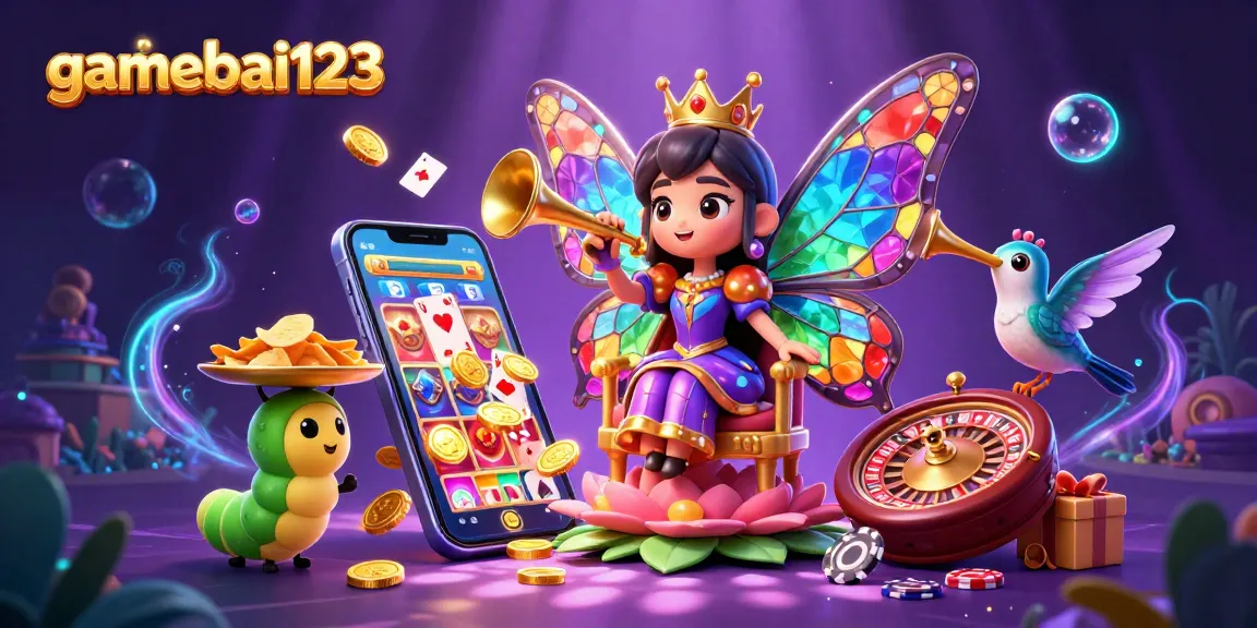 Experience gaming excitement with gamebai123 in a vibrant casino-themed illustration showcasing slot games and poker elements.