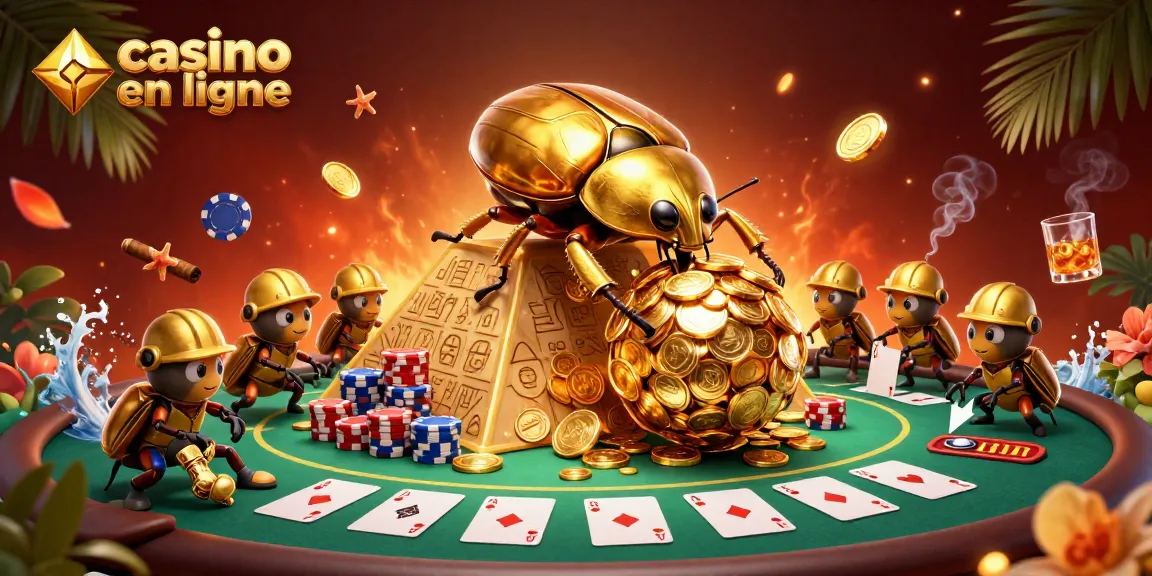 Illustration représentant un casino en ligne avec un scarabée doré en train de rouler des pièces, entouré de jetons de poker.