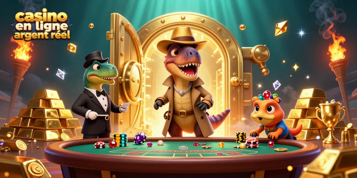 Jeu de casino en ligne en argent réel avec un vélociraptor et des éléments de trésor.