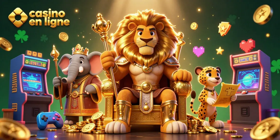Illustration animée représentant un roi lion sur un trône de pièces d'or, symbolisant casino en ligne.