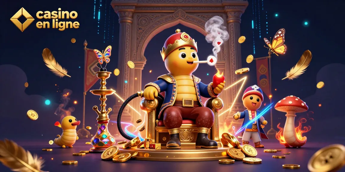 Jouez au casino en ligne avec cette illustration dynamique d'un maître du narguilé et ses symboles de jeu.