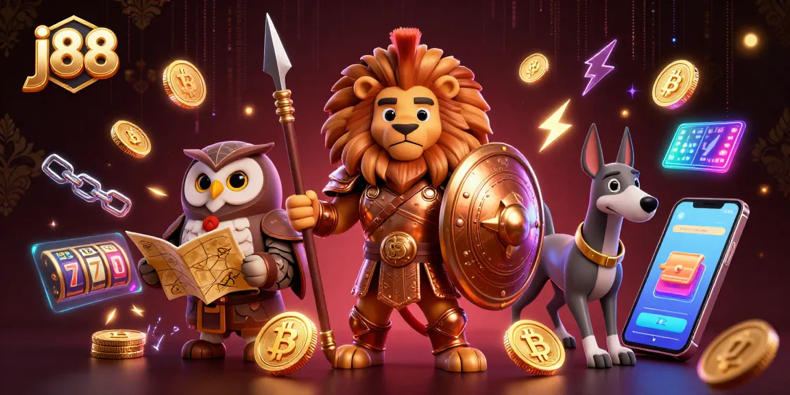 Experience thrilling j88 gaming action with a Spartan lion, strategic owl, and swift greyhound in a vibrant casino scene.