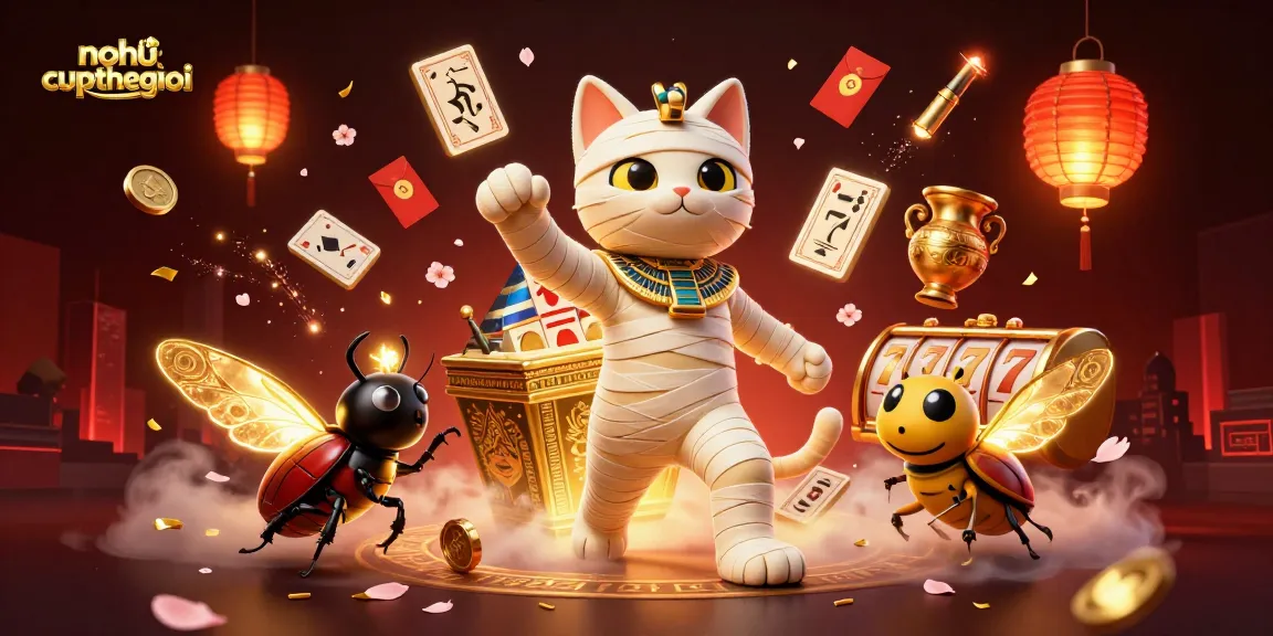Join the thrilling world of nohu-cupthegioi as a mummy cat emerges in an opulent casino scene.