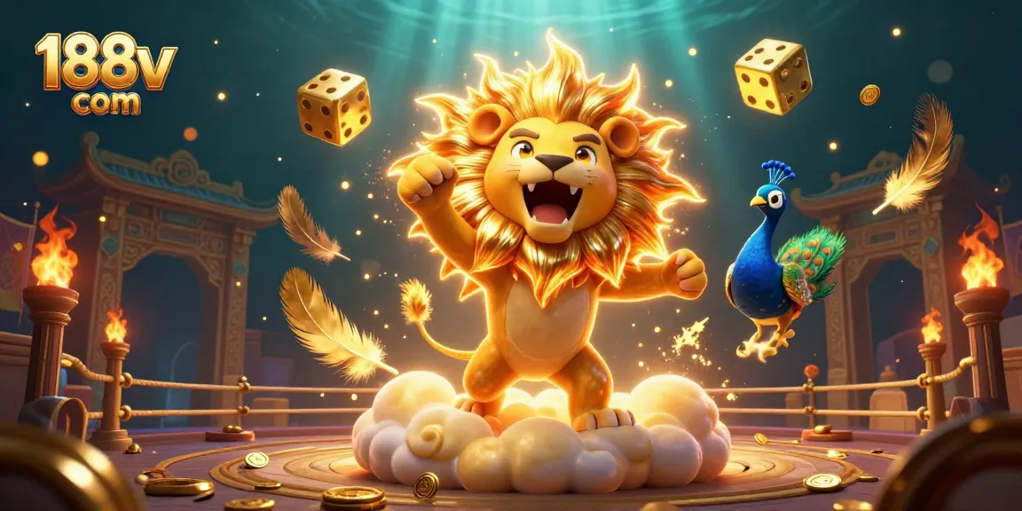Experience thrilling wins with 188v com in a captivating 3D casino scene featuring roaring lion and golden dice.
