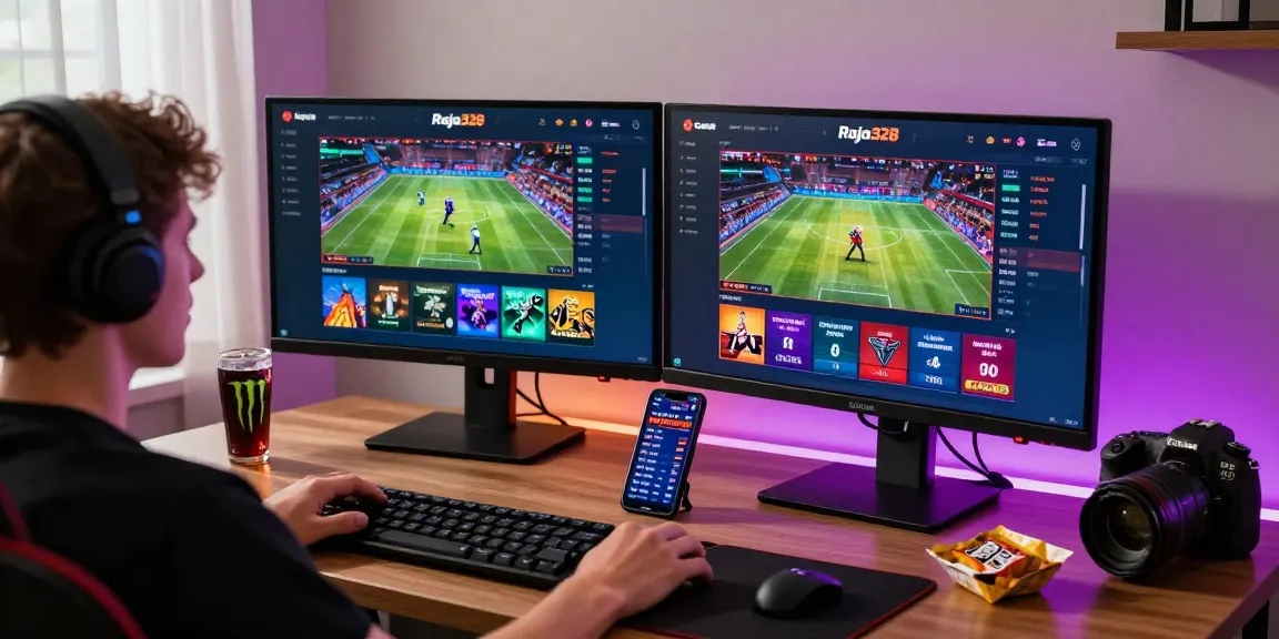 Engaging gaming scene showcasing link alternatif raja328 on dual monitors with a vibrant online betting interface.