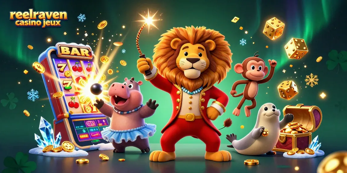 Jouez aux jeux de reelraven casino avec une illustration dynamique et colorée de personnages de cirque.