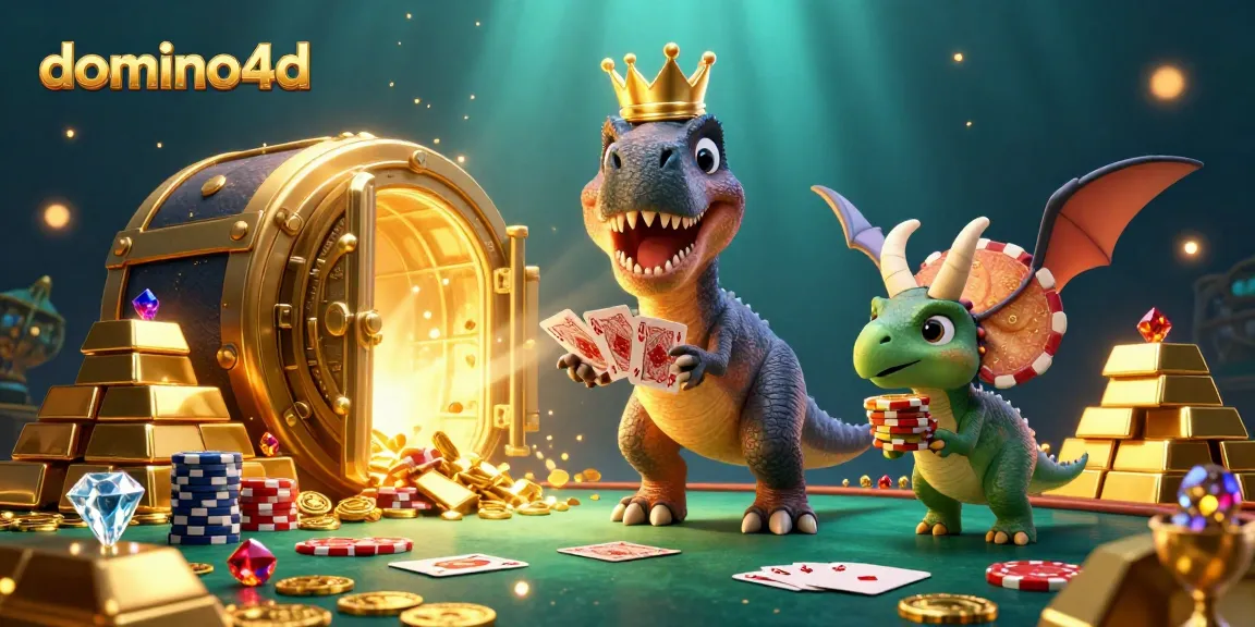 Menangkan permainan domino4d dengan T-Rex lucu bermain kartu dan pterodactyl membantu di kasino megah.