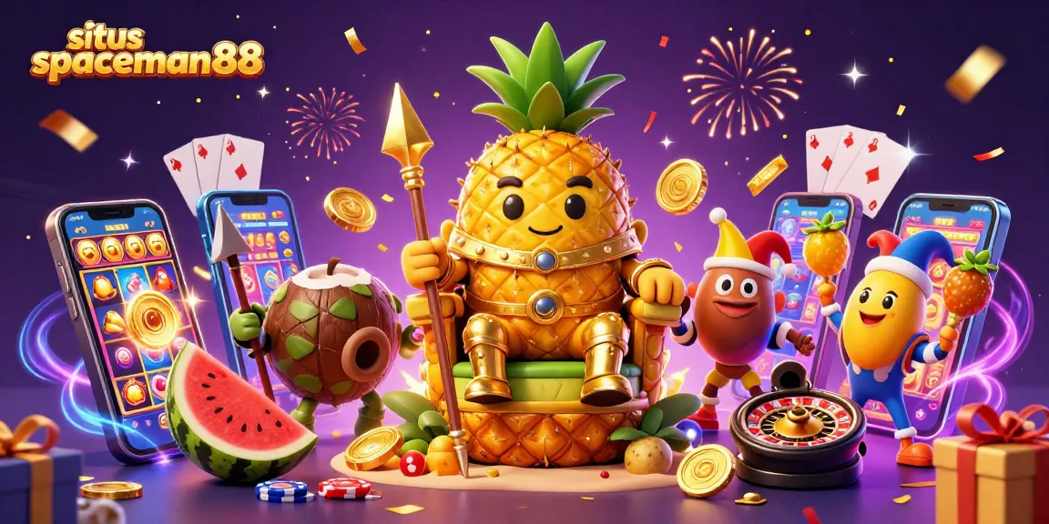 Engage with situs spaceman88, featuring a vibrant beach casino scene with a golden pineapple king and exciting slot game elements.