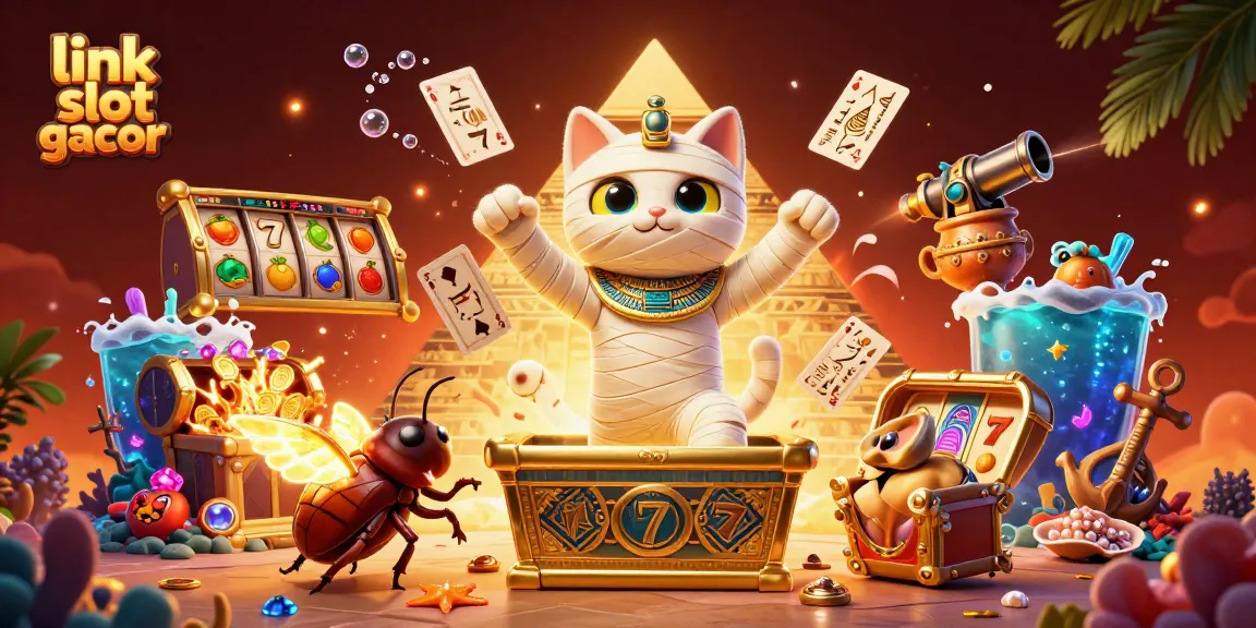 Menggugah semangat permainan dengan "link slot gacor" dalam ilustrasi 3D menggambarkan kucing mummy dari Mesir di kasino piramida.