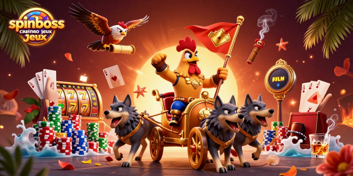 Profitez des jeux SpinBoss avec une illustration dynamique de machines à sous et des personnages audacieux.