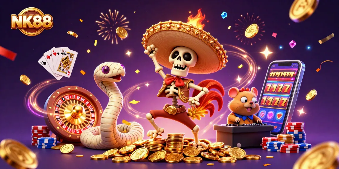Engaging NK88 scene with a dancing skeleton mariachi, a mummy snake, and a DJ hamster amidst vibrant casino elements.