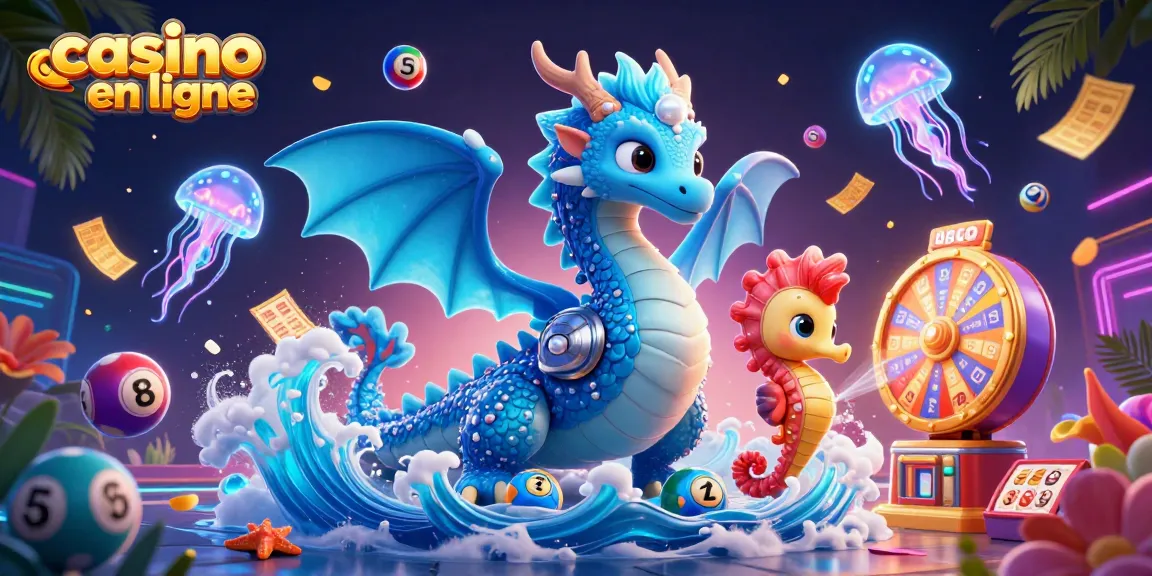 Vibrante illustration de casino en ligne montrant un dragon aquatique et un chevalier seahorse.
