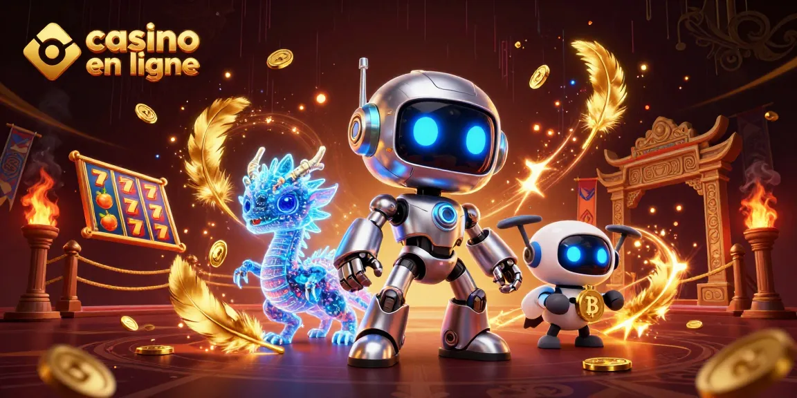 Visualisez une scène fascinante en ligne de casino avec un robot cyberpunk et un dragon holographique.