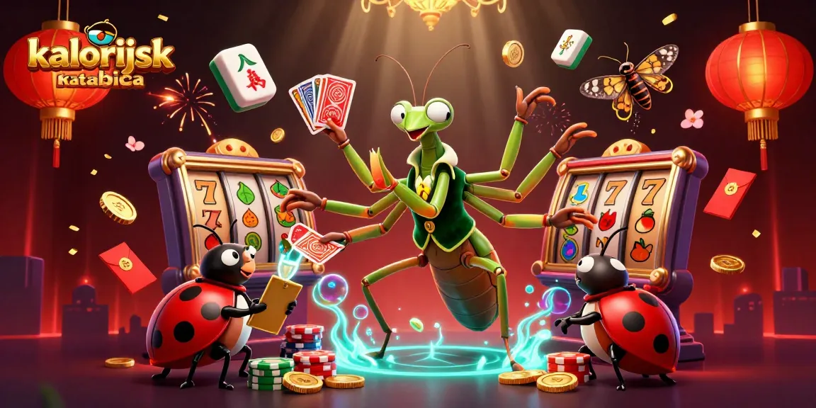 Engage with kalorijskatablica's vibrant casino scene featuring an animated praying mantis dealer and exciting slot elements.