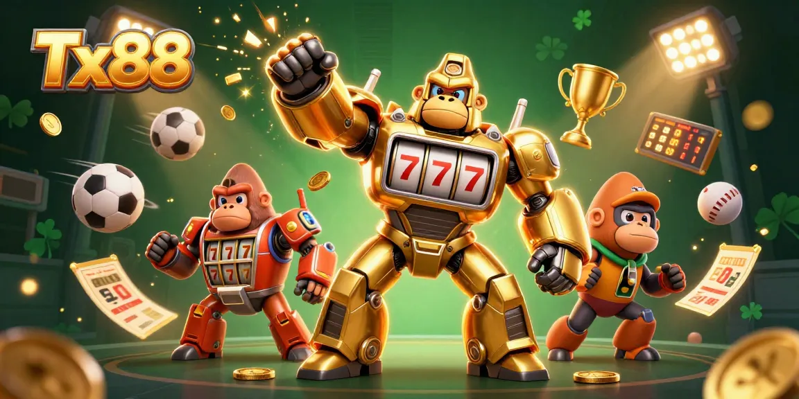 Experience the thrill of Tx88 with an explosive 3D casino scene featuring a dynamic golden gorilla mech.