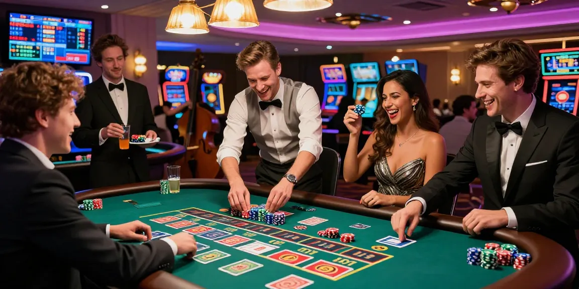 Exciting FAFA828 casino scene capturing friends celebrating at a roulette table with vibrant decor.