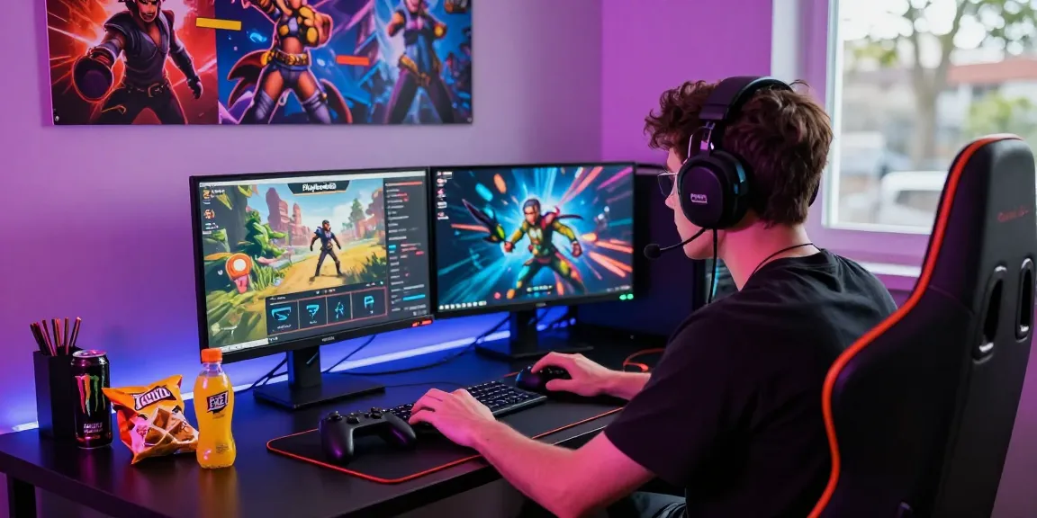 A gaming enthusiast engaged with Playbook88 on a laptop, surrounded by vibrant gaming gear and snacks in an energetic atmosphere.