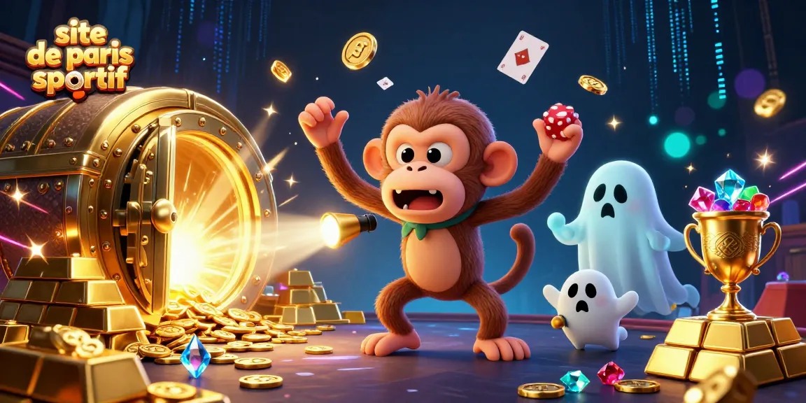 Illustration du site de paris sportif: un singe poltergeist et un chiot chasseur de fantômes dans un casino hanté.