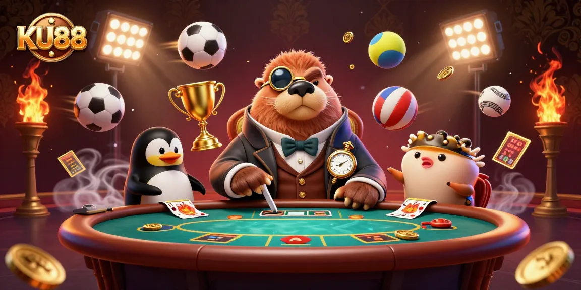 KU88 casino scene with a walrus, penguin dealer, and bluffed pufferfish at a vibrant poker table.
