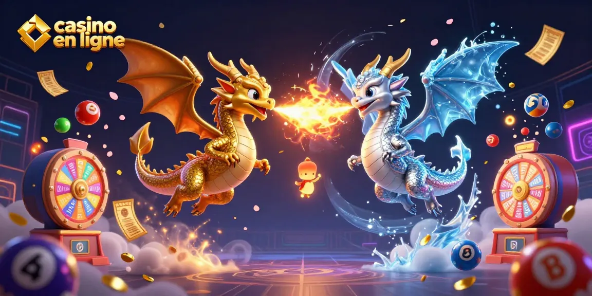Illustration captivante présentant des dragons animés dans un univers de casino en ligne, avec des éléments colorés et dynamiques.